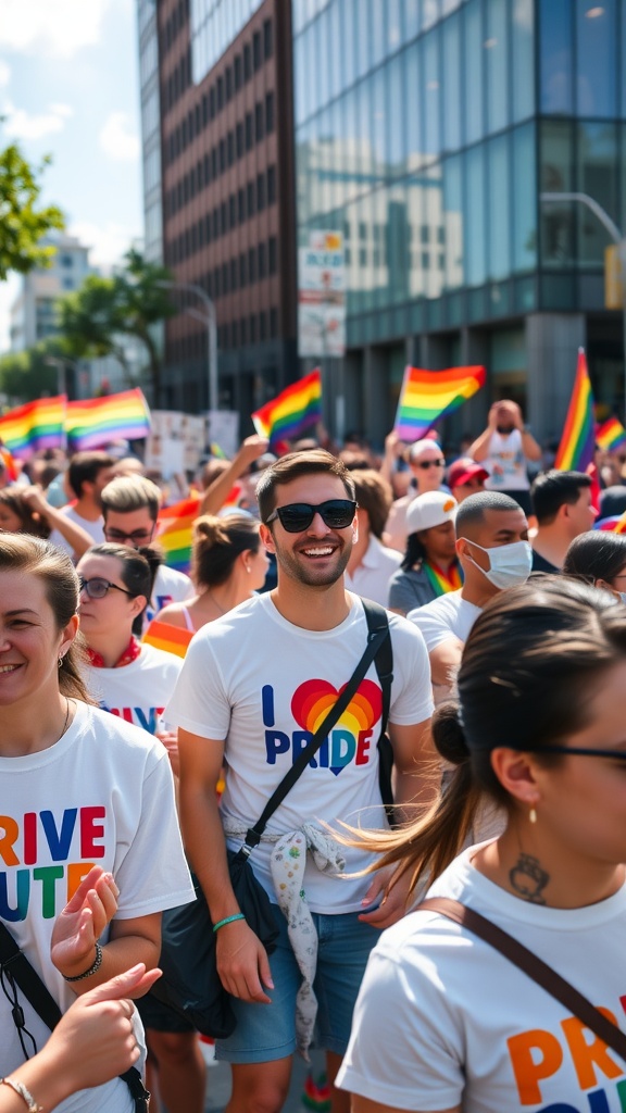Two young men wearing pride shirts while participating in a pride event