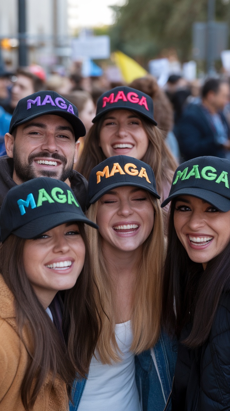 A group of diverse people wearing colorful MAGA hats, smiling and showing support for inclusivity.