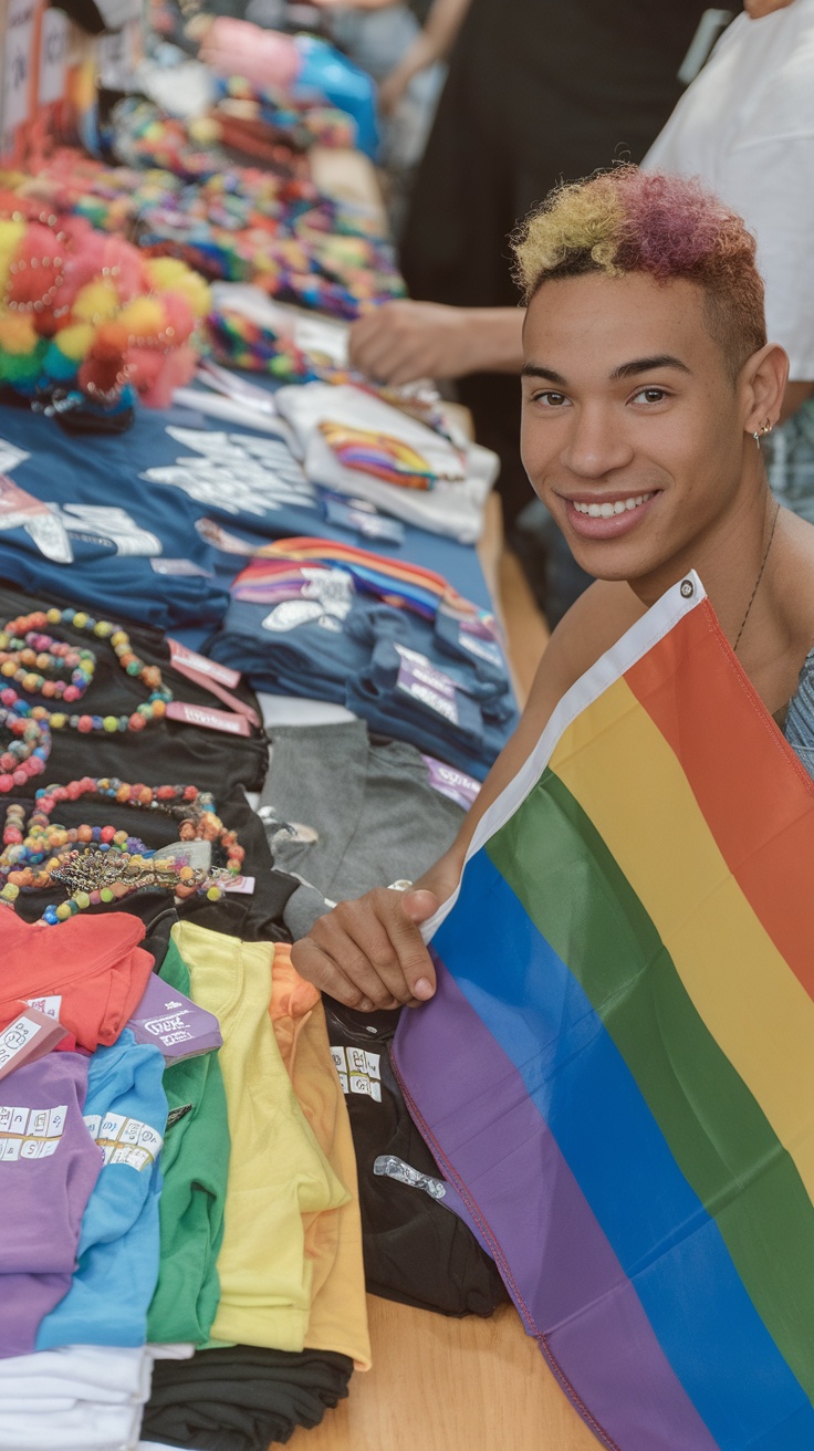 A young person smiling while holding a rainbow flag in front of colorful merchandise at a pride event.