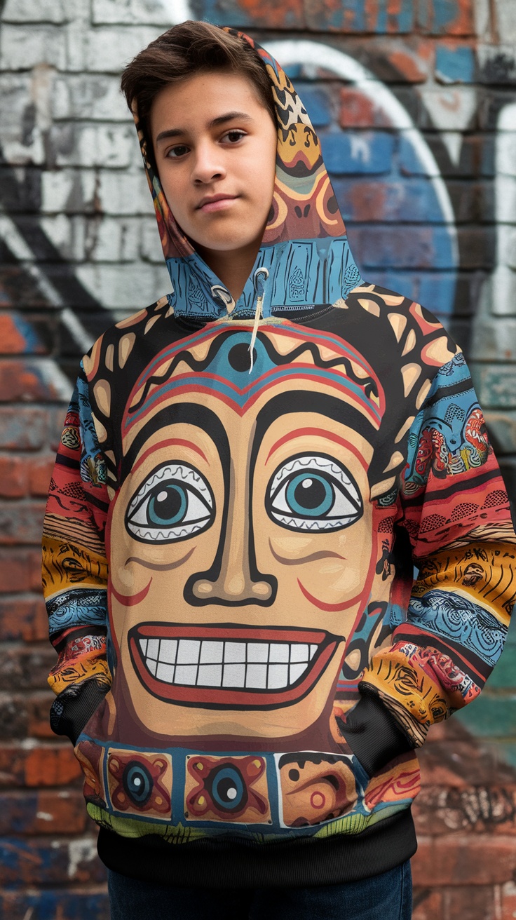 A colorful hoodie featuring a mix of patterns, the word 'FAMÍL', and an American flag design, set against an urban backdrop.