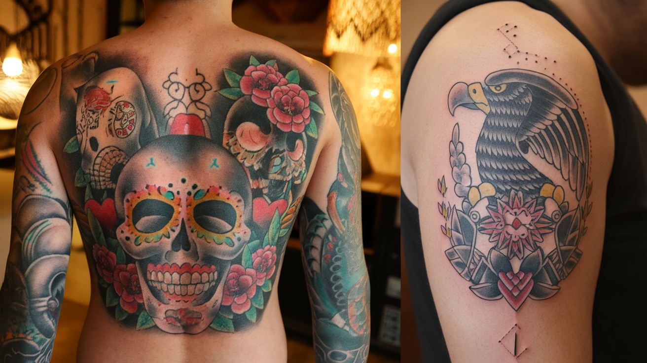 A comparison of modern Mexican tattoo designs: a colorful back piece featuring Día de los Muertos skulls and flowers, alongside a minimalist eagle tattoo on a shoulder.