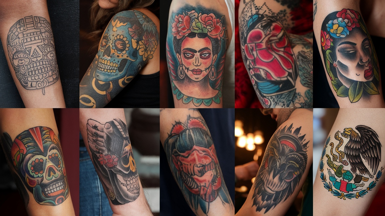 A collage of various Mexican-themed tattoos showcasing skulls, Frida Kahlo, and traditional symbols.