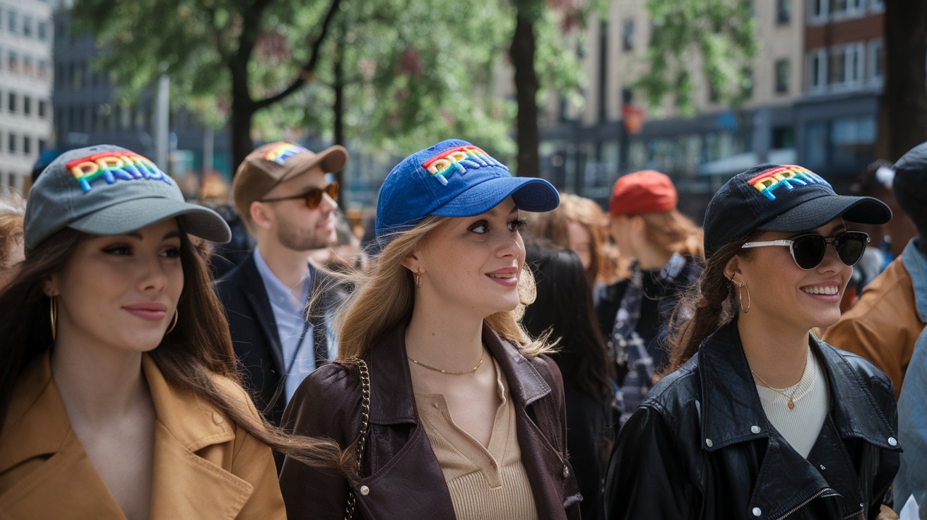 Young adults wearing colorful PRIDE hats while walking in a city.