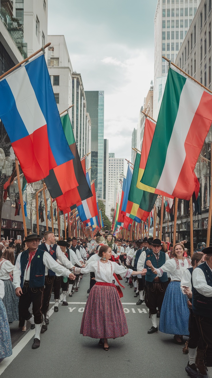 A vibrant display of various flags representing different Latin American cultures in a festive parade.