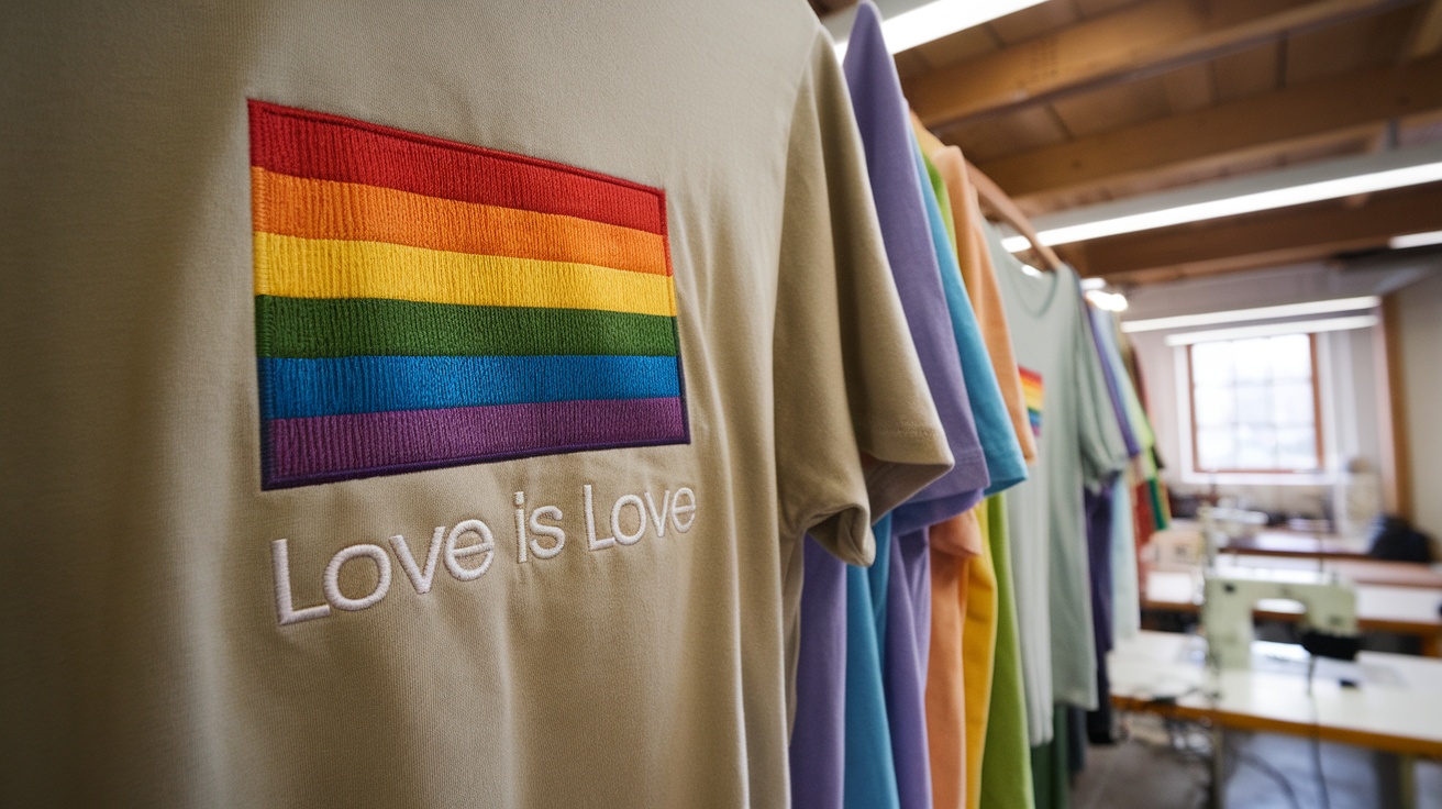 A person smiling while holding a custom pride t-shirt that says 'love is love' in rainbow colors.