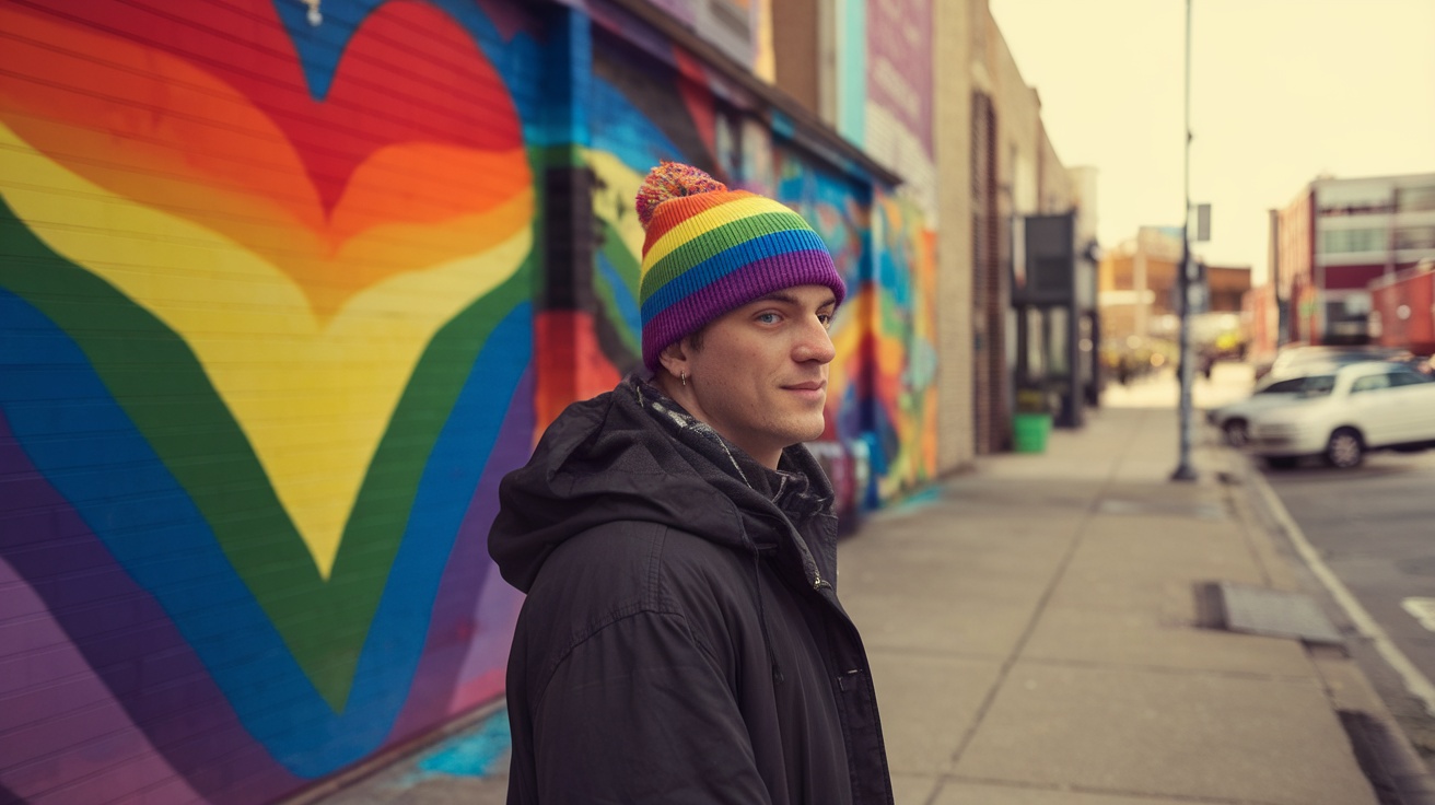 A young adult wearing a rainbow beanie with graffiti in the background.