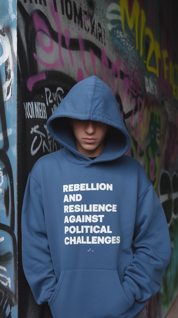 Teen wearing a blue hoodie with the text 'REBELLION AND RESILIENCE AGAINST POLITICAL CHALLENGES' in front of graffiti art.