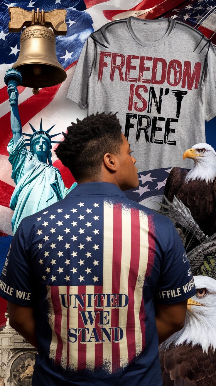 A person wearing a shirt with an American flag, surrounded by symbols of American patriotism.