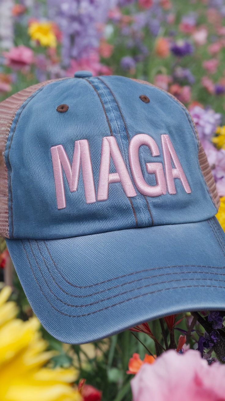 A blue baseball cap with pink embroidered text reading 'MAGA' against a floral background.