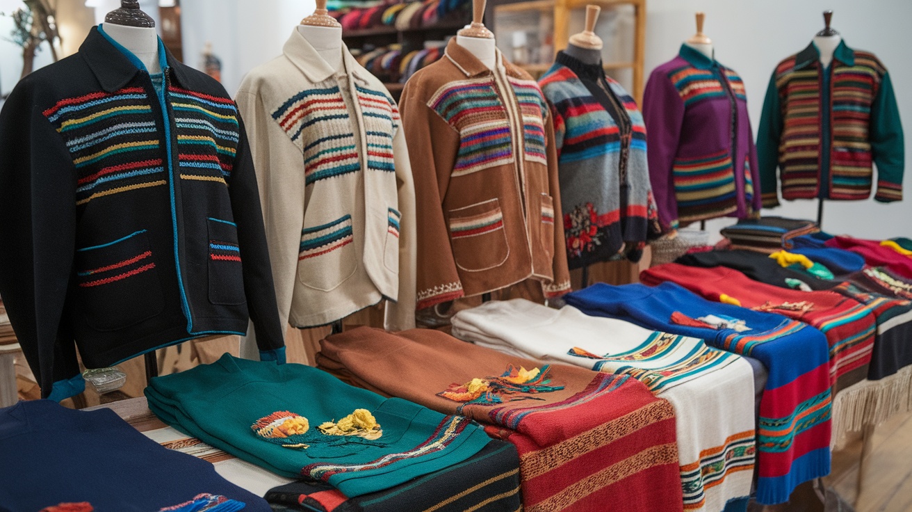 Assorted Mexican jackets displayed on a table with various colors and patterns.