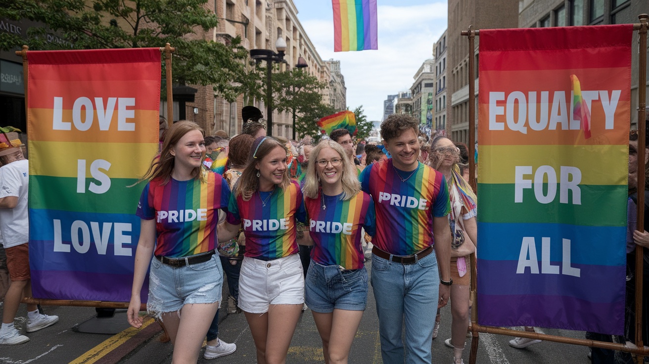 A vibrant group of people wearing pride shirts, celebrating love and equality during a pride parade.