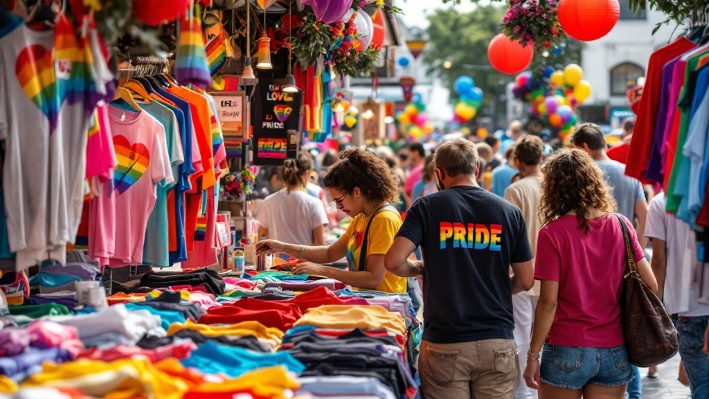 A vibrant display of custom pride shirts and people shopping at a pride festival.