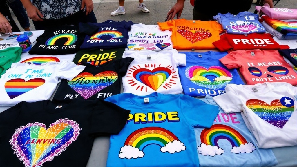 A person wearing a vibrant rainbow pride shirt, showcasing custom designs, with colorful t-shirts displayed in the background.