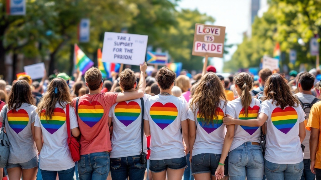 A diverse group of individuals wearing colorful pride shirts, celebrating together at a pride event.