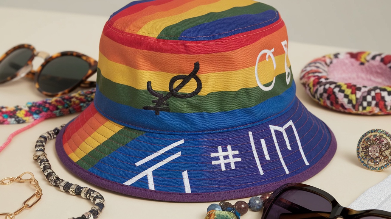 A colorful bucket hat with rainbow stripes and LGBTQ symbols, surrounded by accessories.