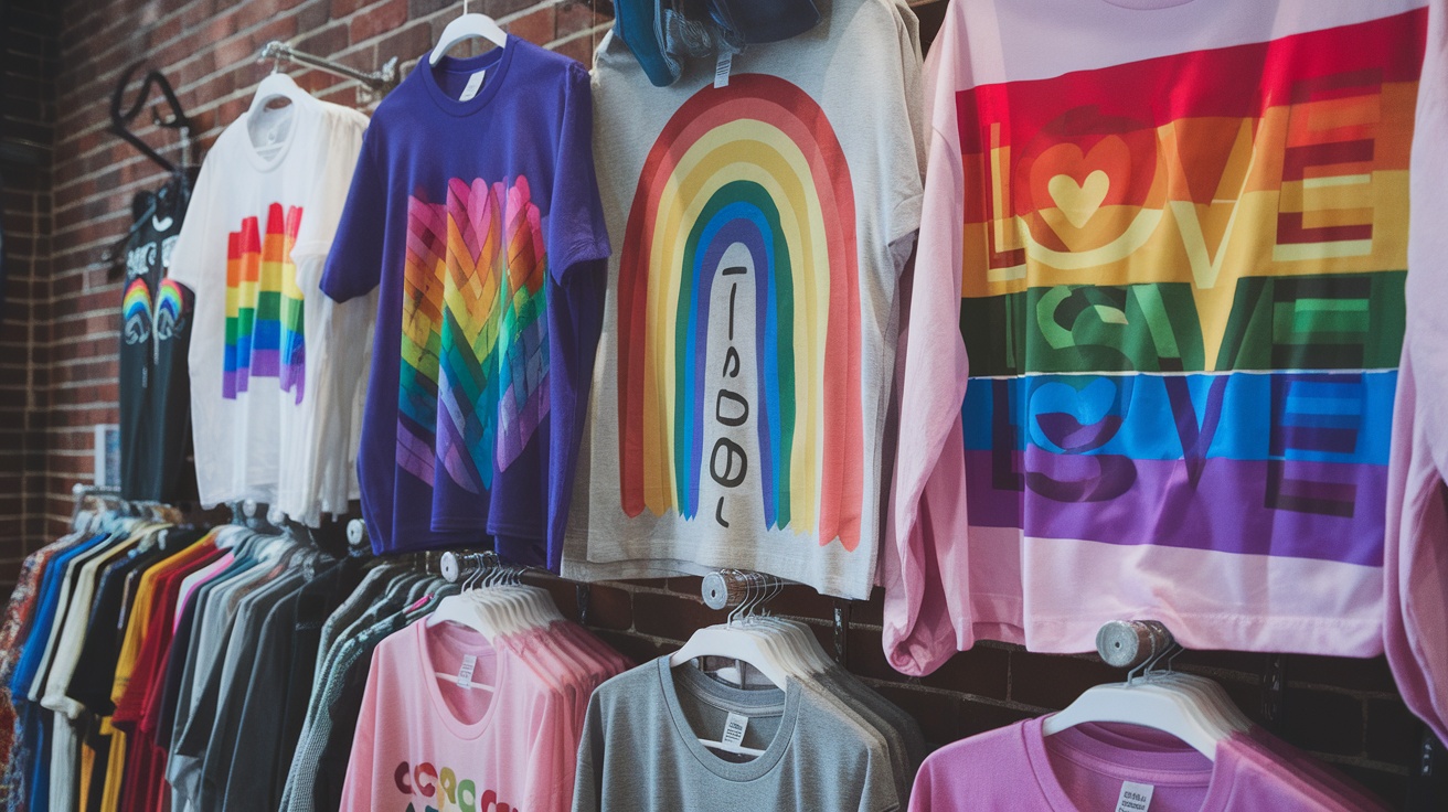 A collection of colorful LGBTQ+ shirts hanging on a rack, featuring various pride designs.