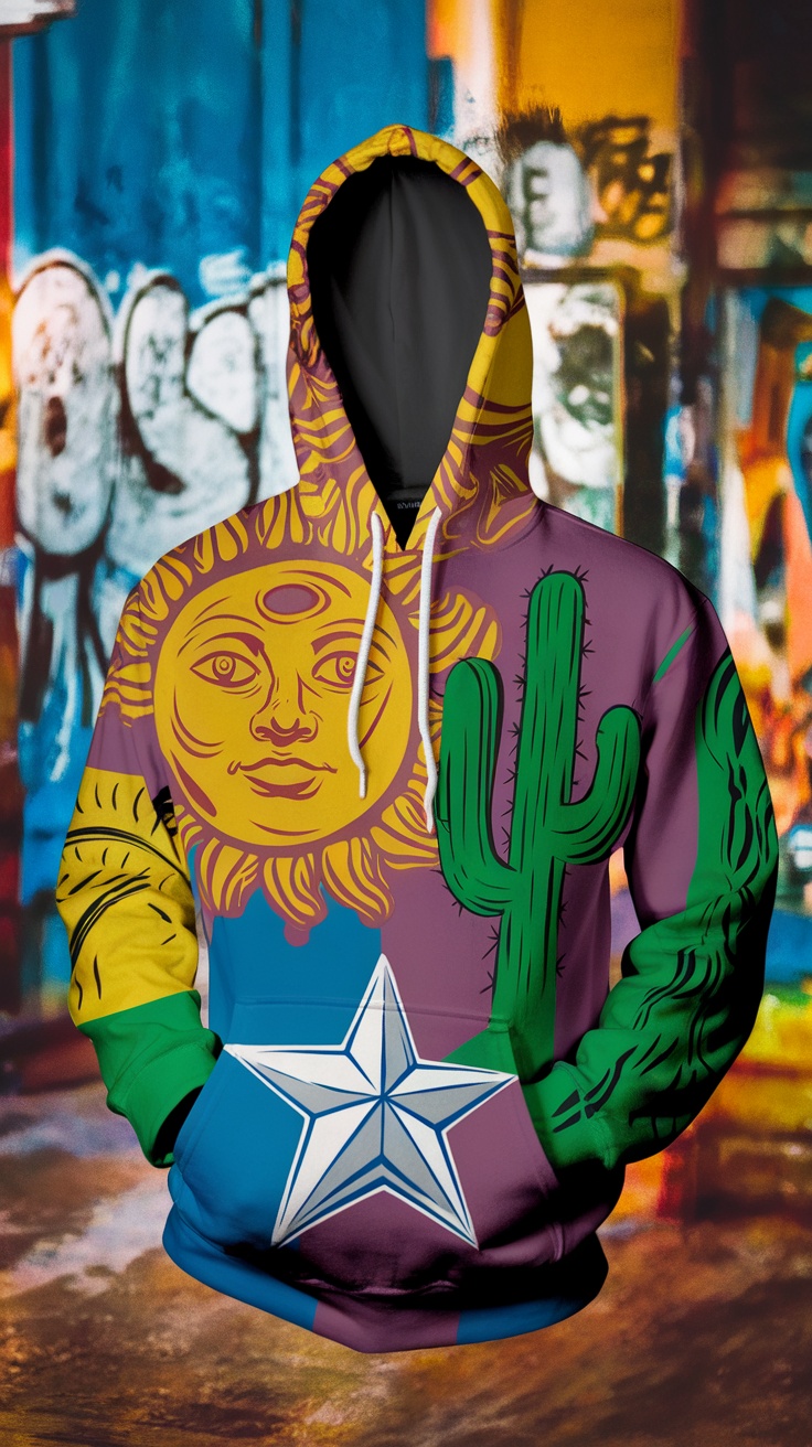 A colorful street art hoodie featuring a sun, cactus, and a star, representing Hispanic heritage against an urban graffiti background.