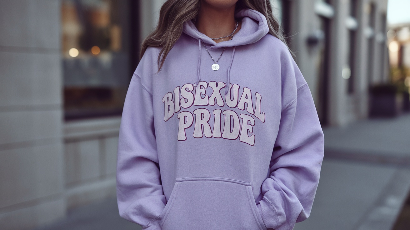 A person wearing a lavender hoodie with 'BISSEXUAL PRIDE' written on it.