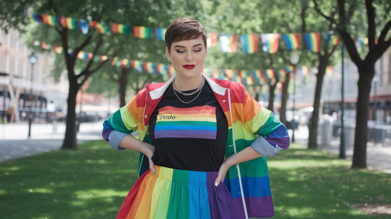 A woman wearing a rainbow pride shirt and skirt in a festive outdoor setting.