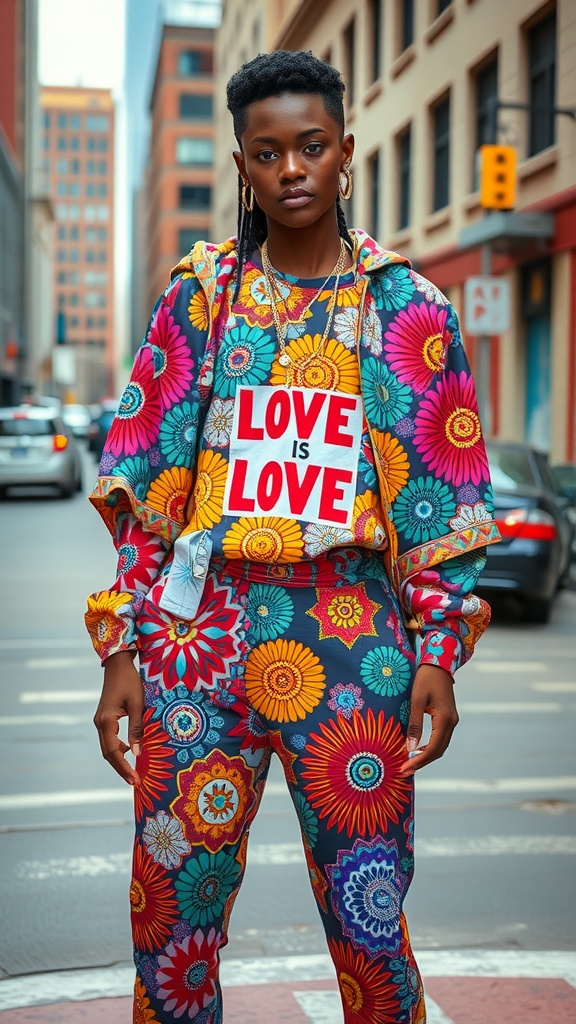 Two individuals in colorful streetwear with bold designs, standing together in an urban setting.