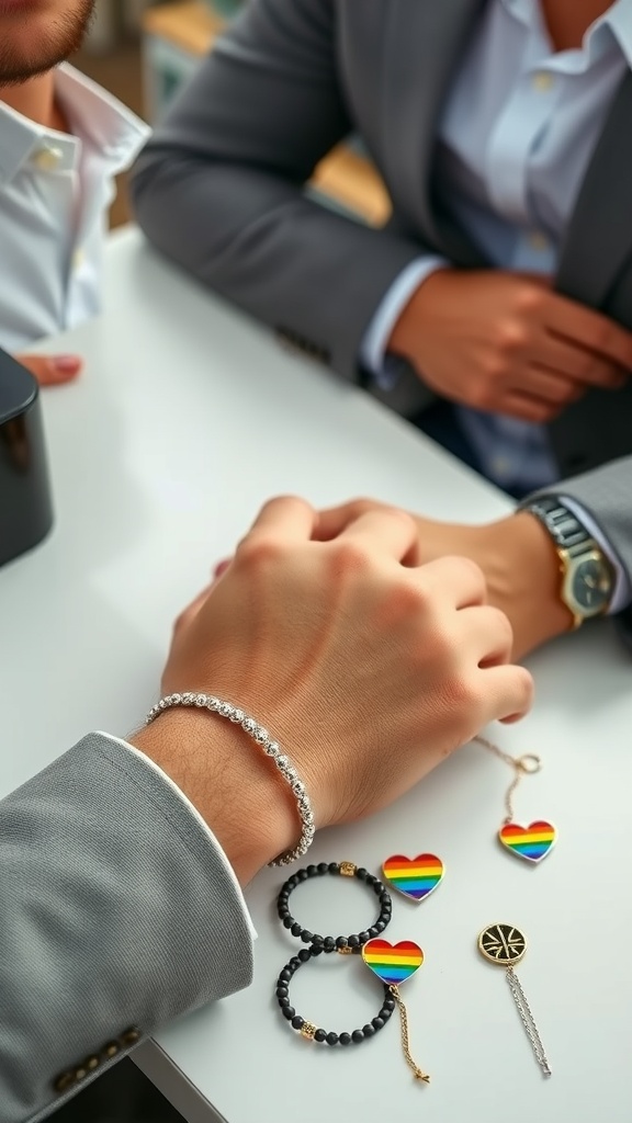 A young couple smiling with pride accessories displayed on the table.