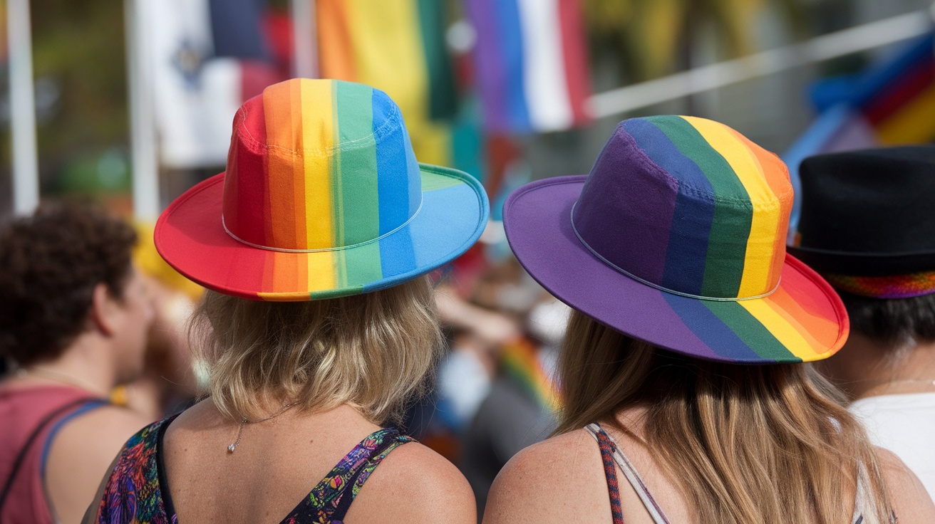 Two people wearing colorful rainbow hats at a Pride event.