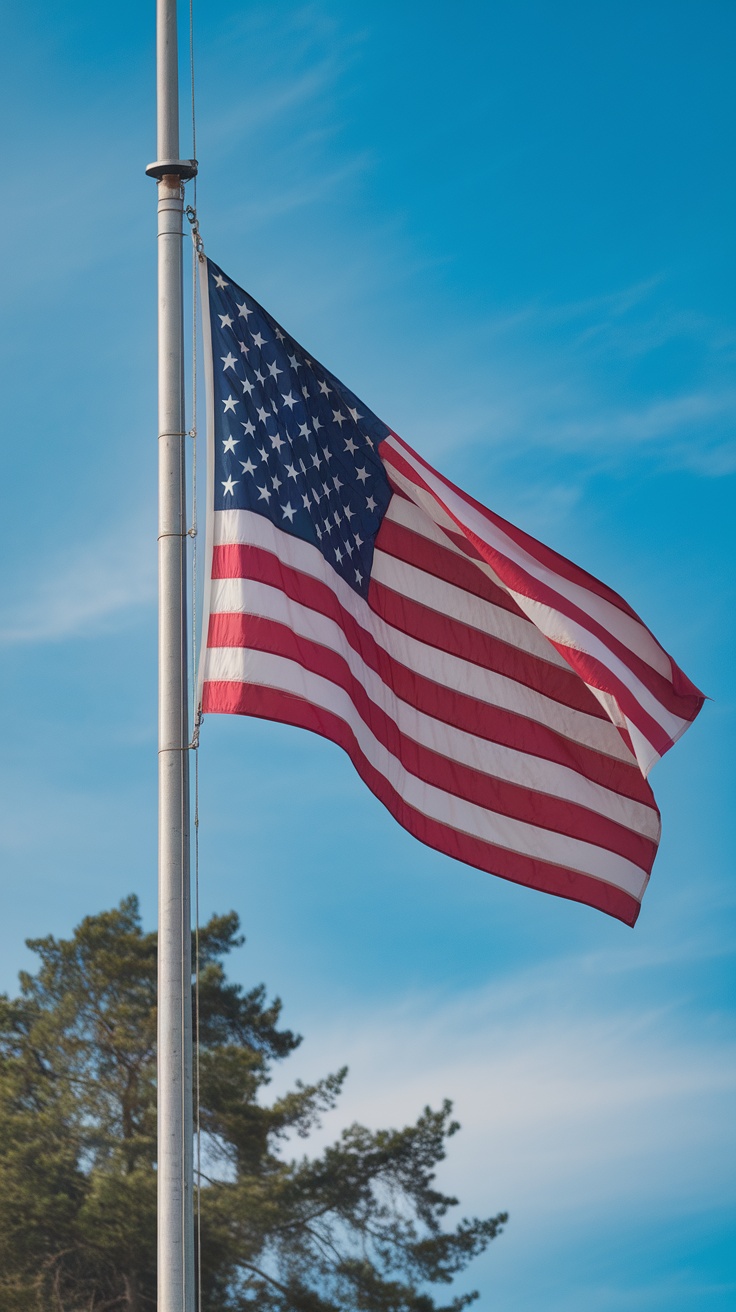 The American flag waving against a clear blue sky