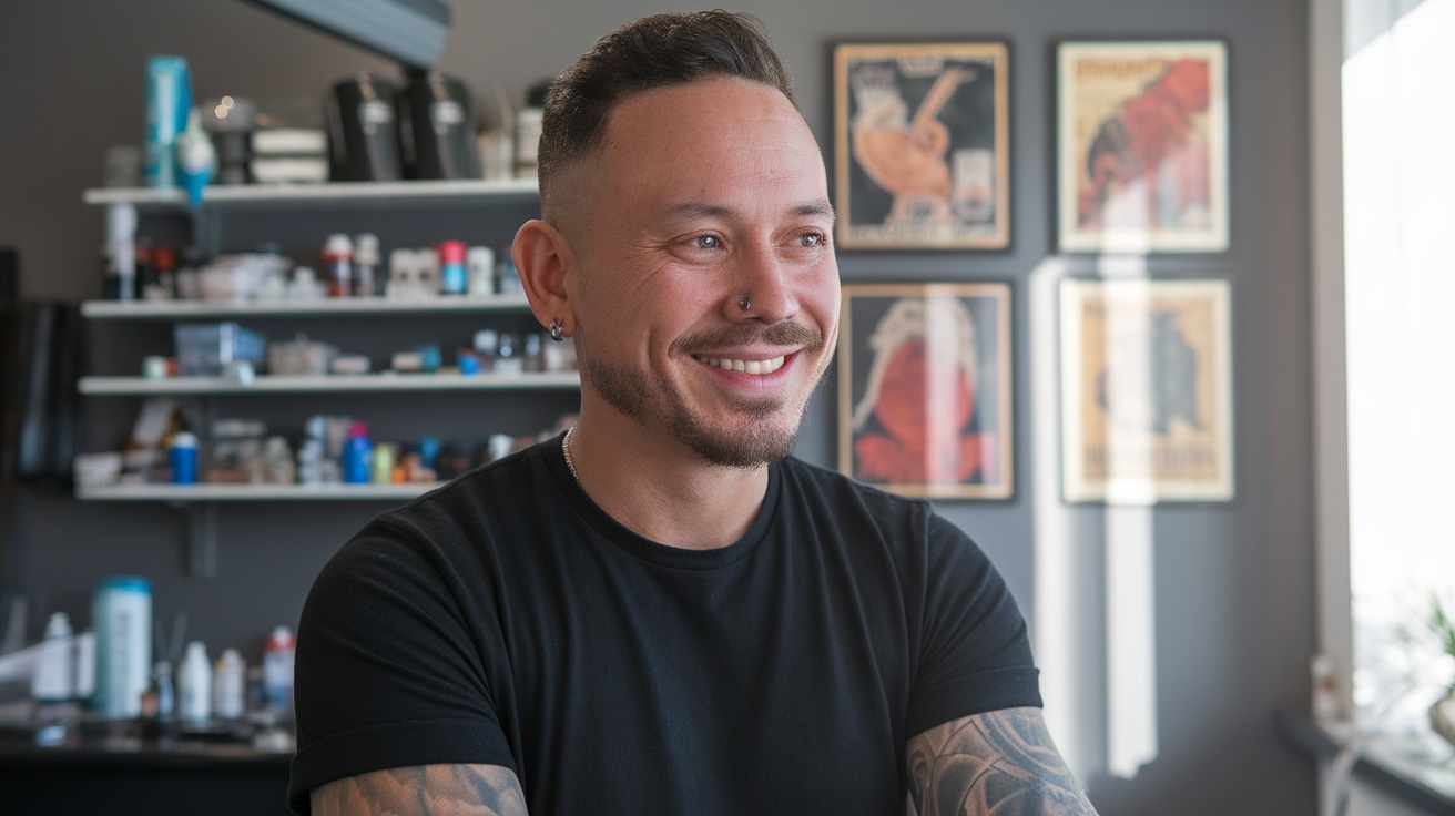 A smiling man with tattoos on his arms, standing in a tattoo studio with art on the walls.