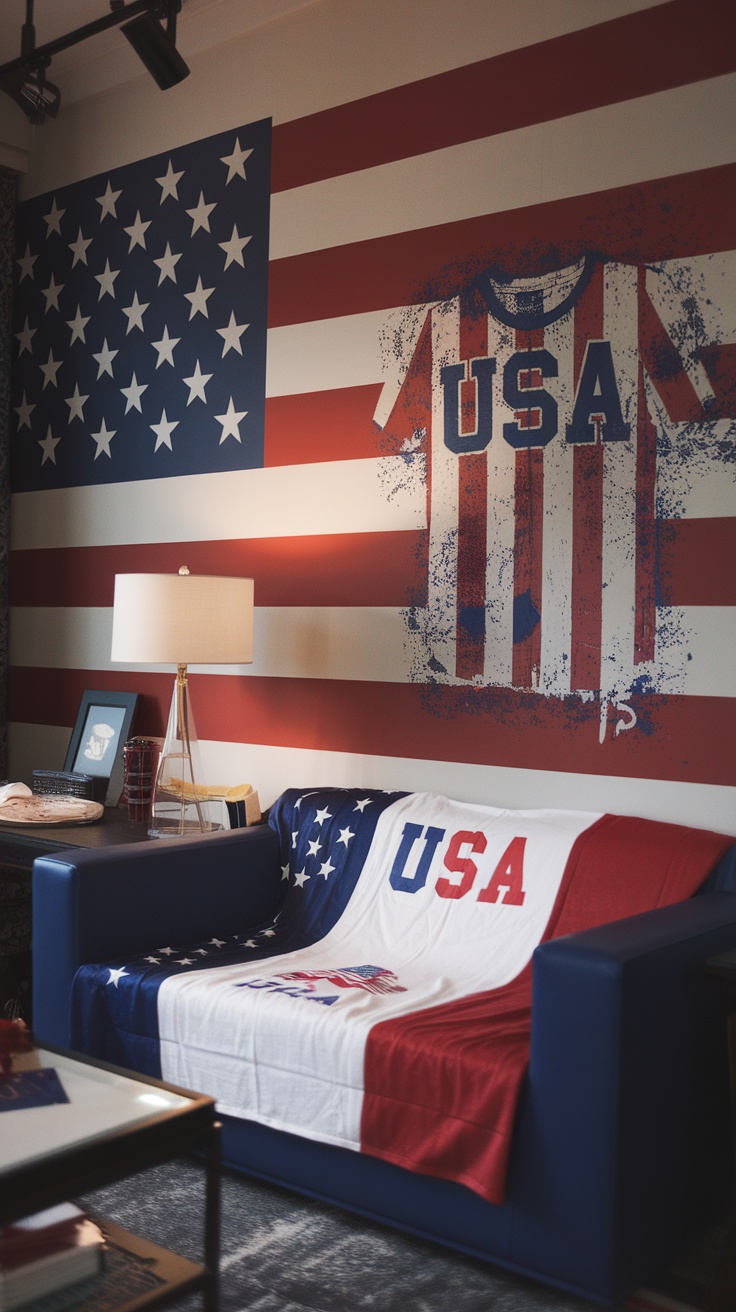 A cozy living area featuring America Flag Wallpaper and decorative elements that celebrate patriotism.