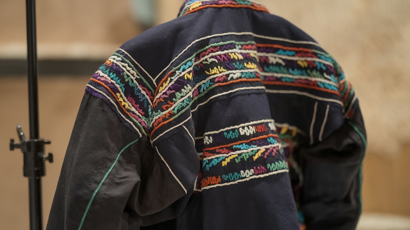 Close-up of an embroidered Mexican jacket showcasing colorful stitching patterns.