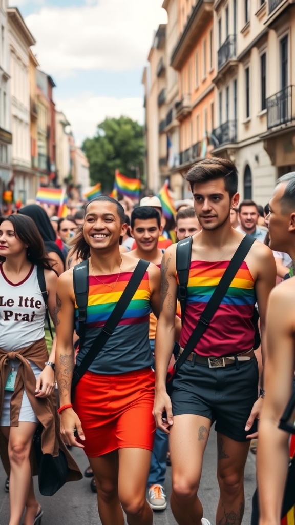 A vibrant LGBTQ+ pride parade featuring diverse individuals celebrating with rainbow colors and accessories.