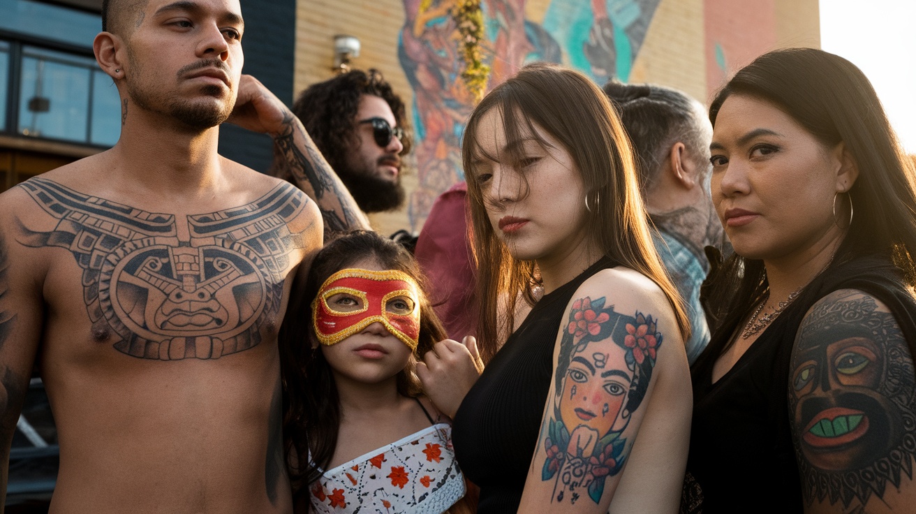 A group of individuals showcasing their heritage through tattoos, including a child with a mask.