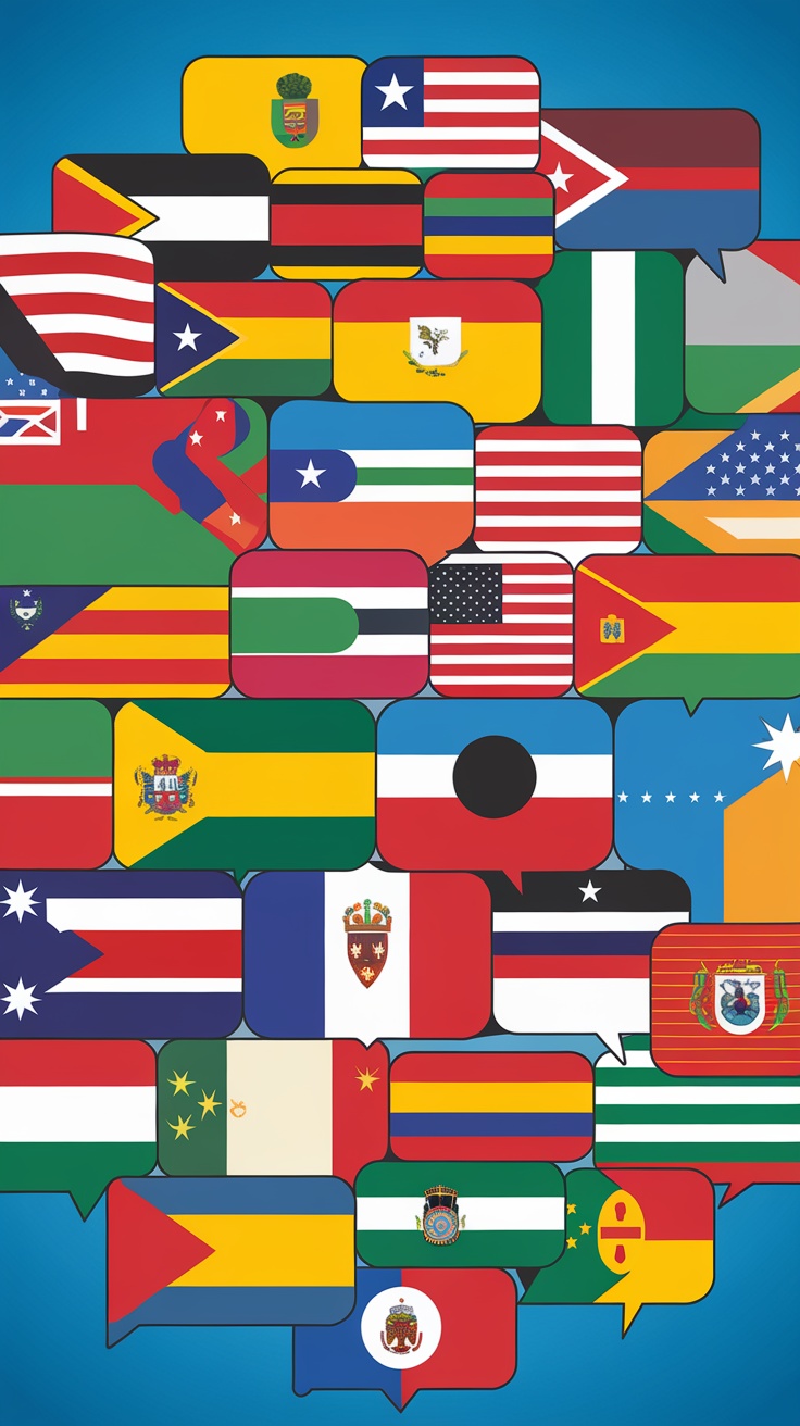 A collage of various Latin American flags displayed in speech bubbles.