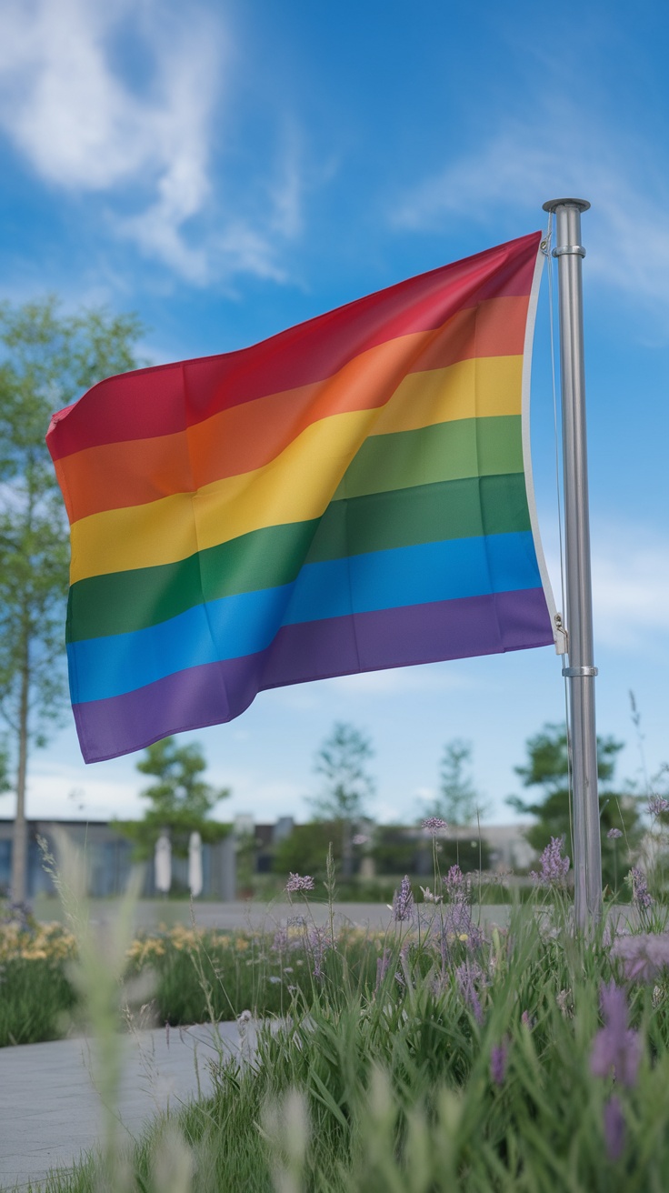 A rainbow flag waving in a clear blue sky