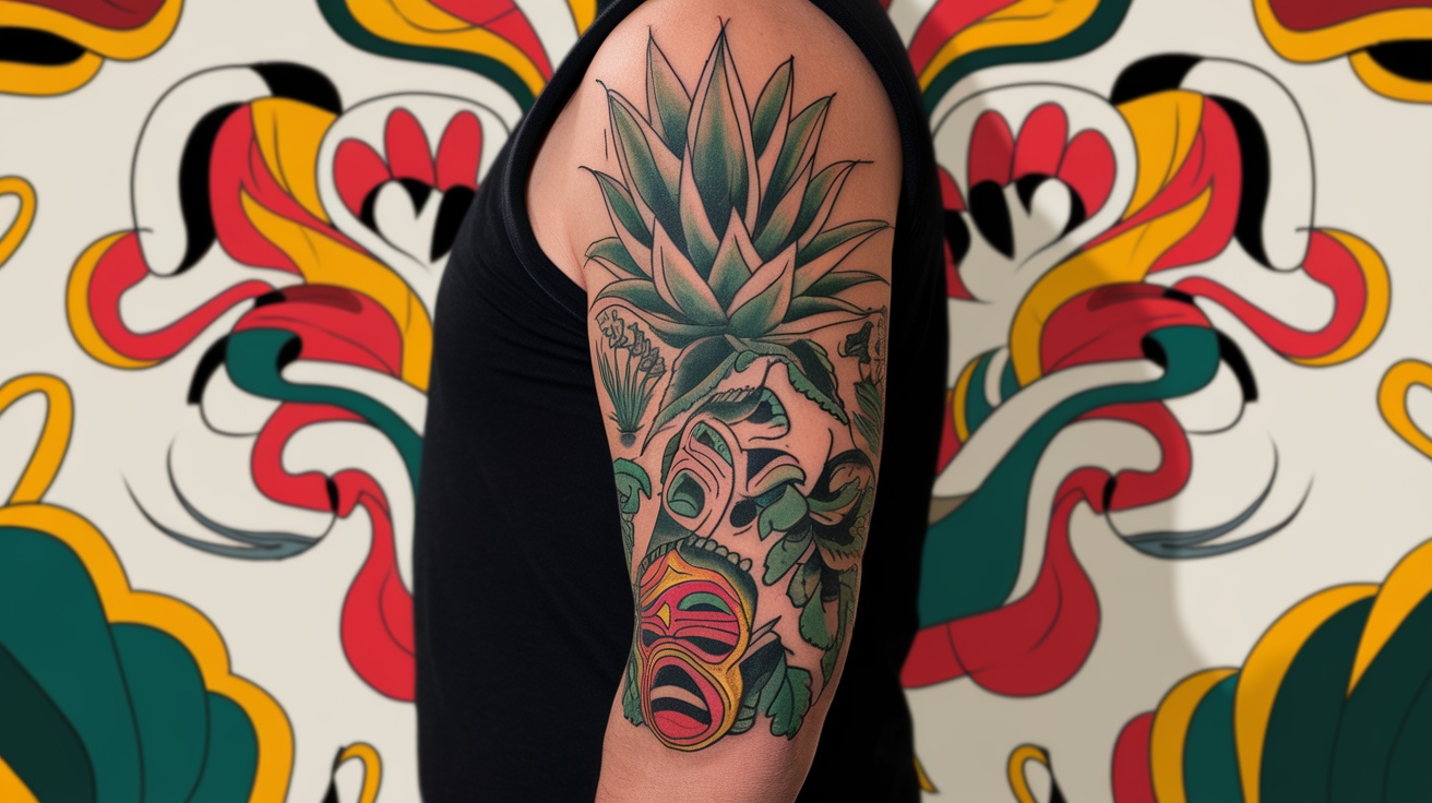 A vibrant traditional Mexican tattoo featuring an agave plant and cultural mask, illustrating heritage and artistry.