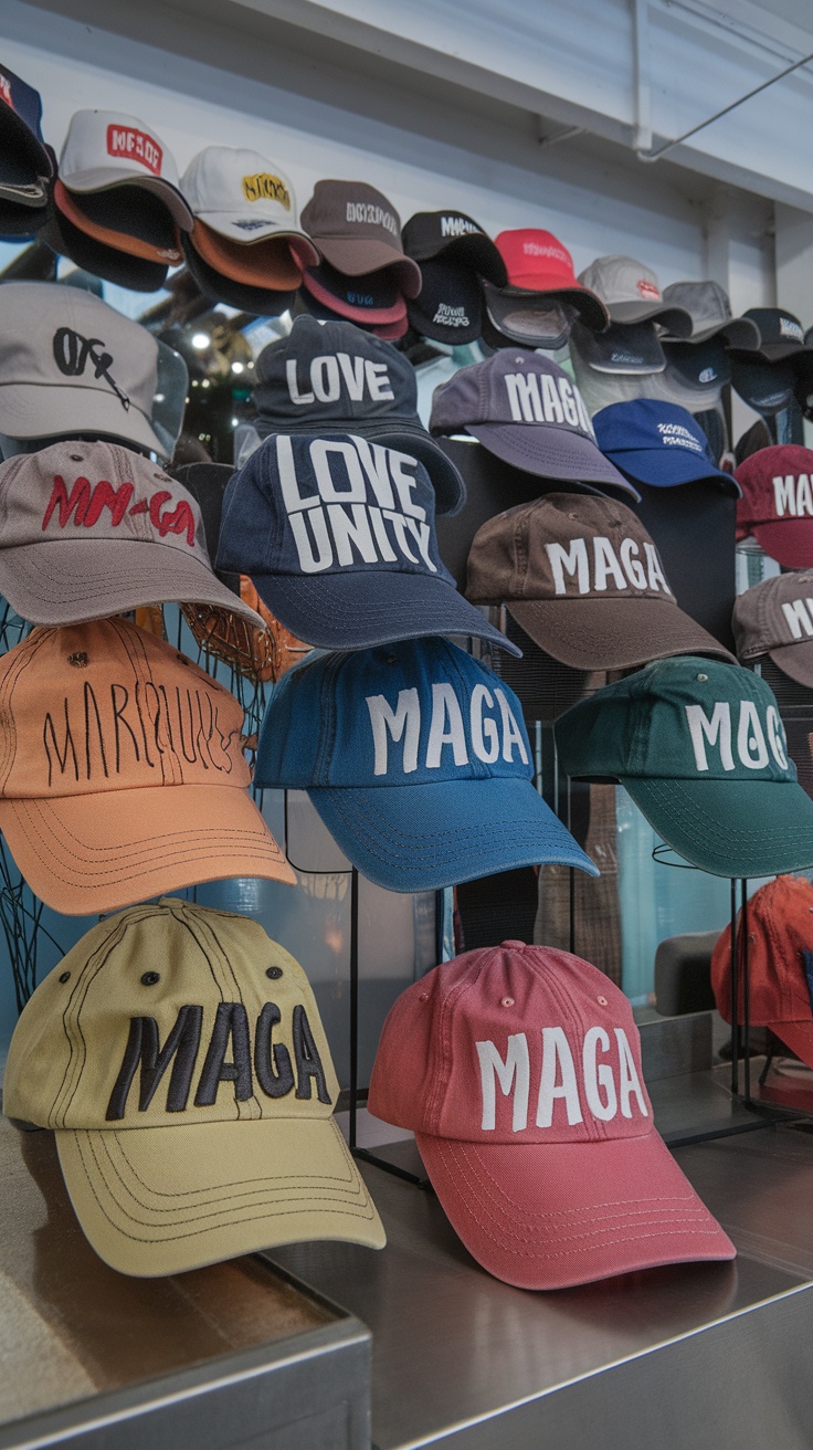 A display of various trendy baseball hats including MAGA and Love Unity designs.