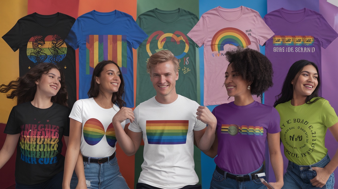 A variety of trendy pride t-shirts displayed on diverse models.