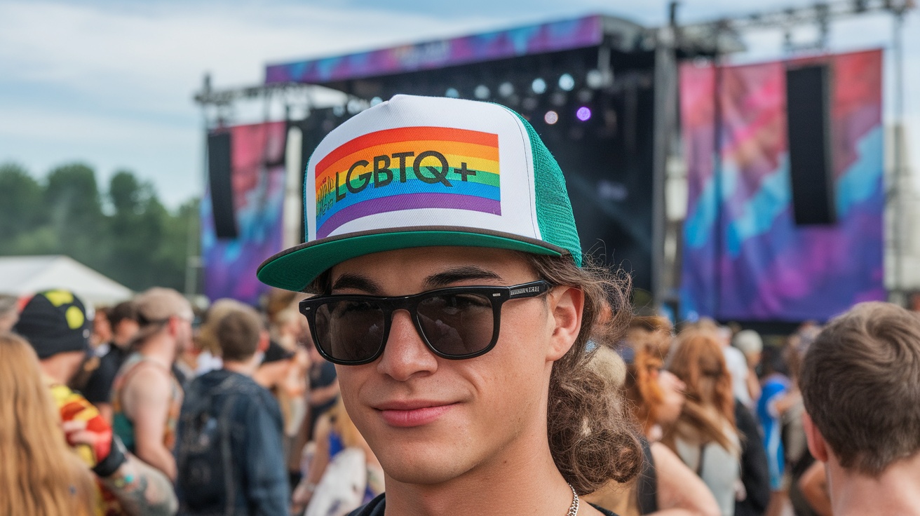 A young adult wearing a colorful snapback with LGBTQ+ symbols at a festival.