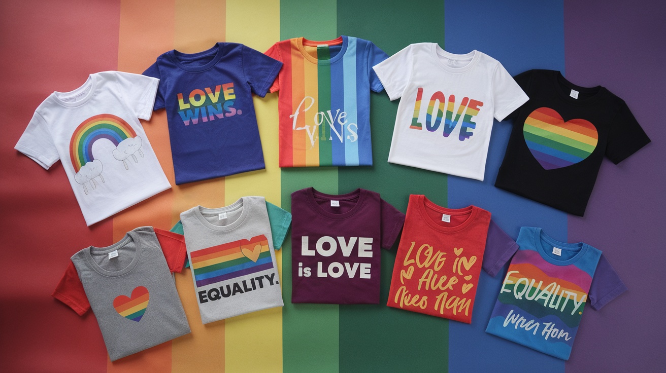 A colorful array of custom pride shirts featuring various designs and messages celebrating love and equality.