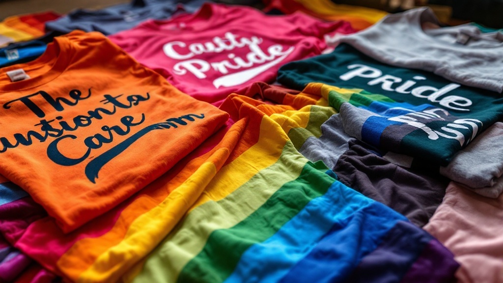 A variety of colorful pride shirts displayed on a table, showcasing unique designs and messages.
