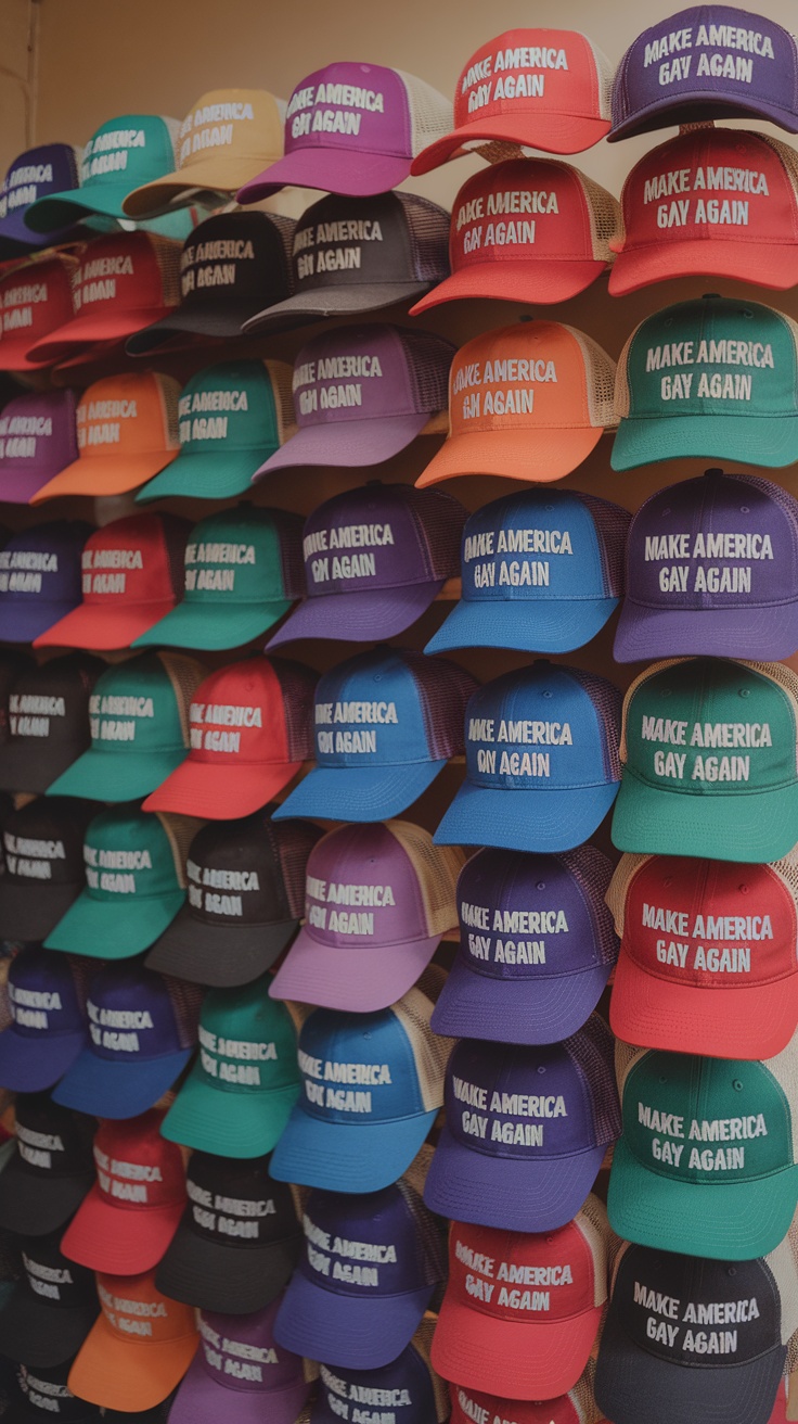 A diverse group of people wearing bold and colorful baseball hats with messages of support and unity.
