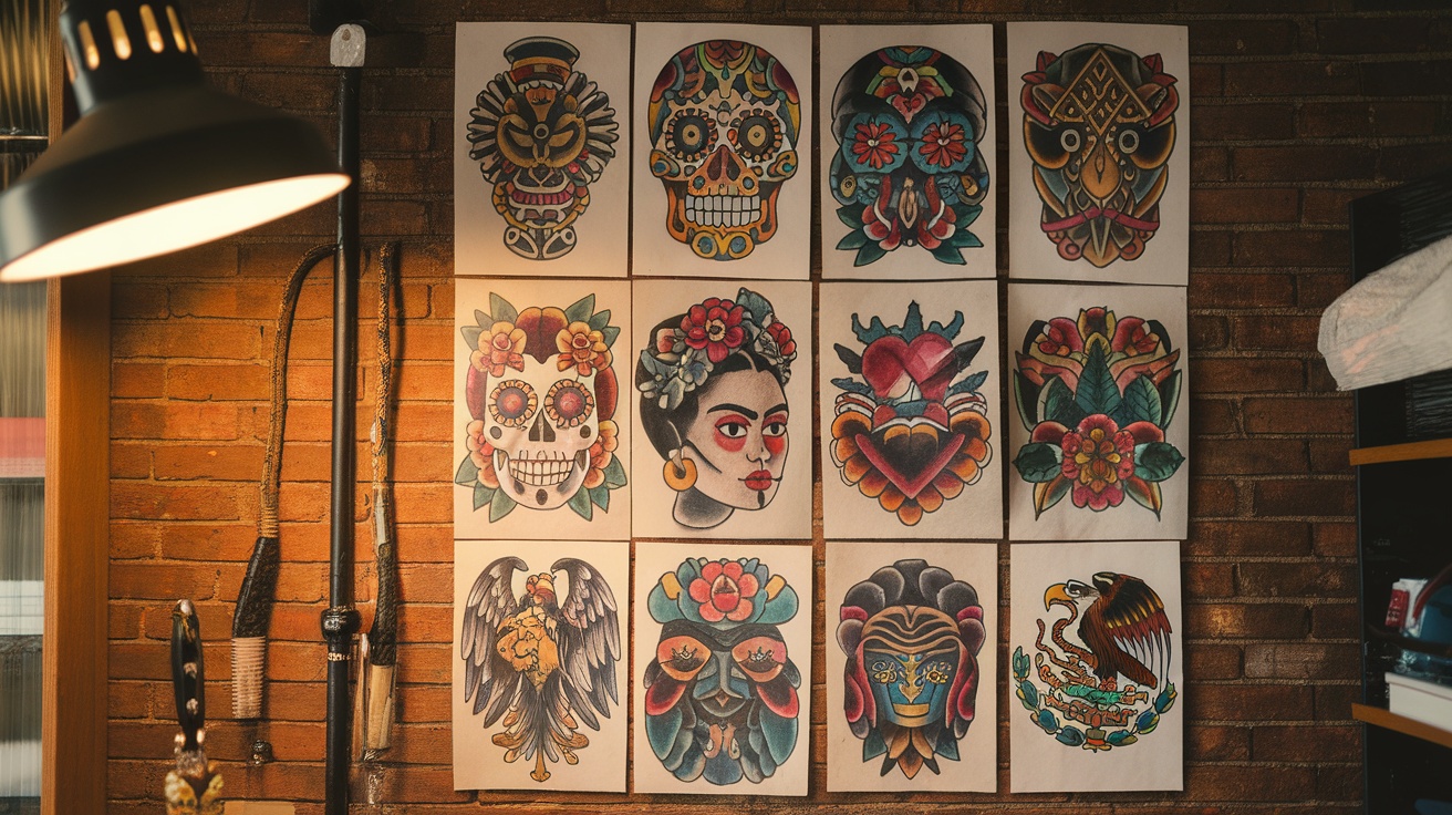 A display of vibrant flash art tattoo designs featuring sugar skulls, flowers, and other traditional Mexican motifs.