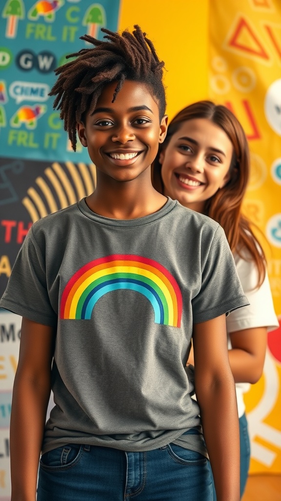 Two people smiling, one wearing a gray t-shirt with a rainbow graphic, showcasing pride.