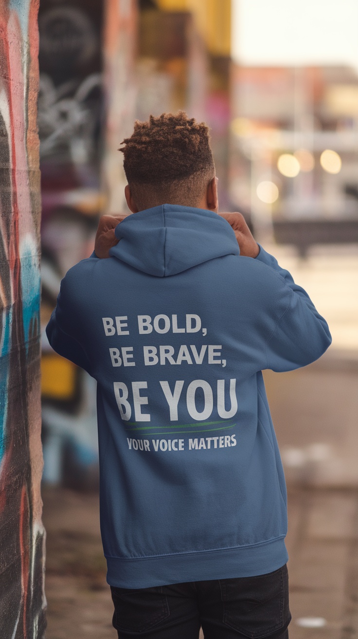 A young person wearing a hoodie with the words 'BE BOLD, BE BRAVE, BE YOU, YOUR VOICE MATTERS' against a graffiti background.