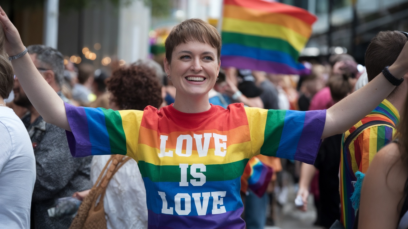 A person joyfully wearing a colorful pride shirt that says 'LOVE IS LOVE' while celebrating at a pride event.