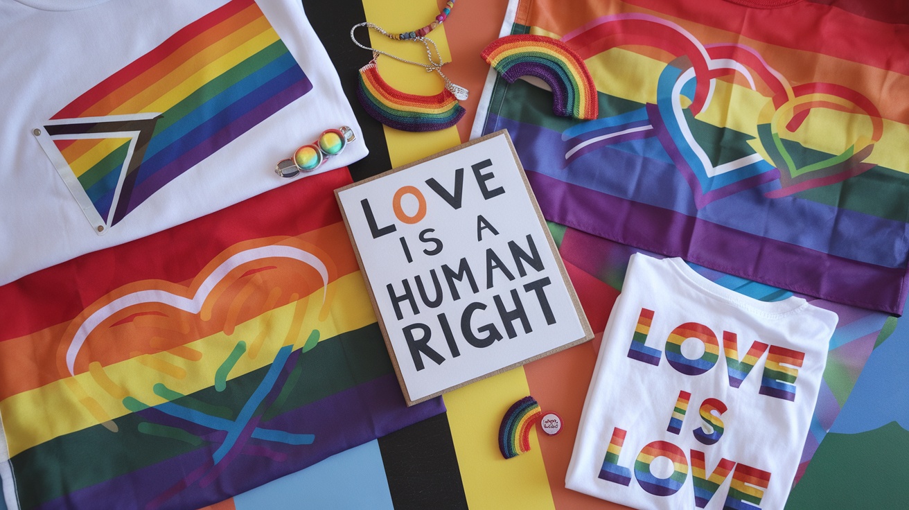 A collection of pride shirts and accessories featuring vibrant rainbow designs, showcasing the message of love and inclusivity.