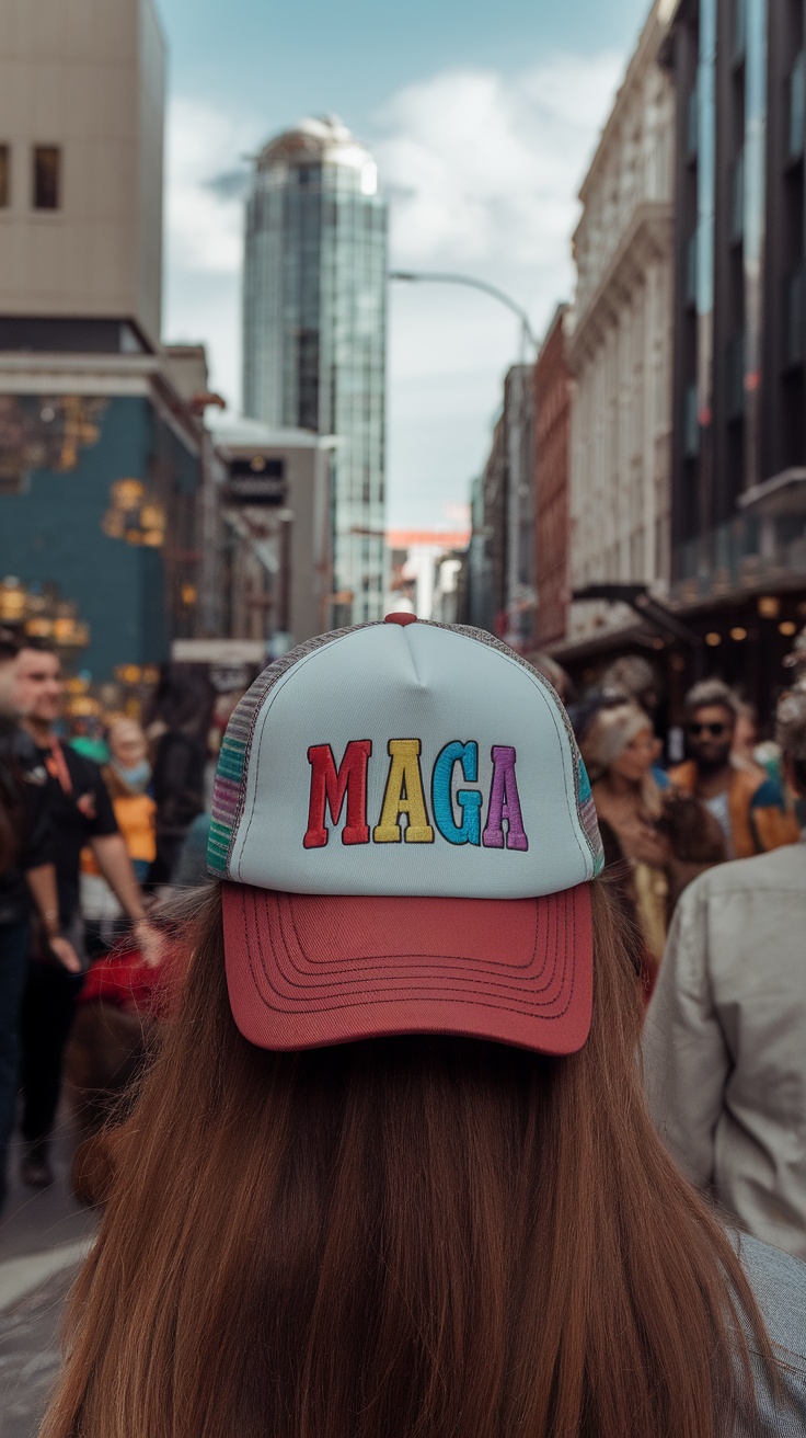 A person wearing a colorful 'MAGA' hat in a bustling urban setting.