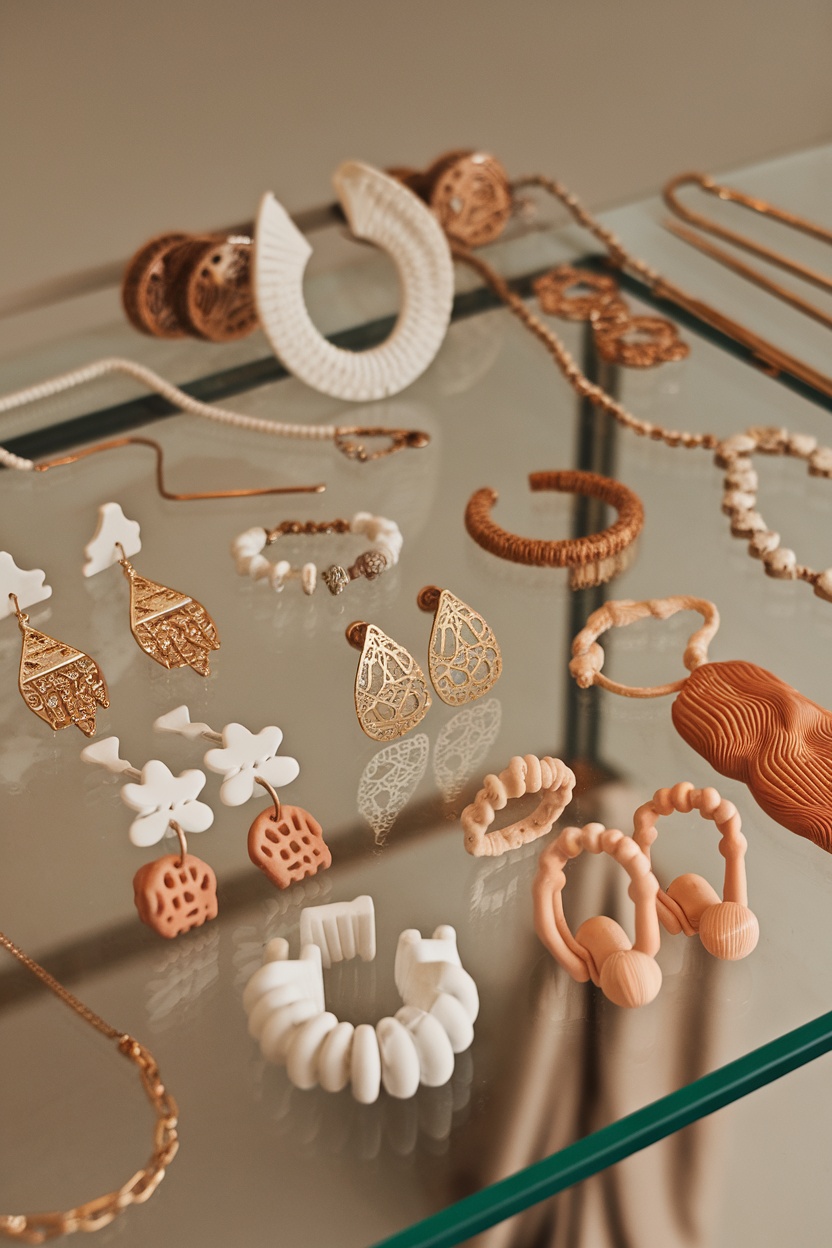 A variety of 3D-printed jewelry including earrings and necklaces displayed on a glass surface.