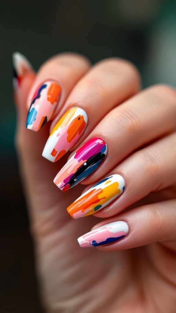 Nails featuring abstract expressionism design with vibrant colors and brushstroke patterns.