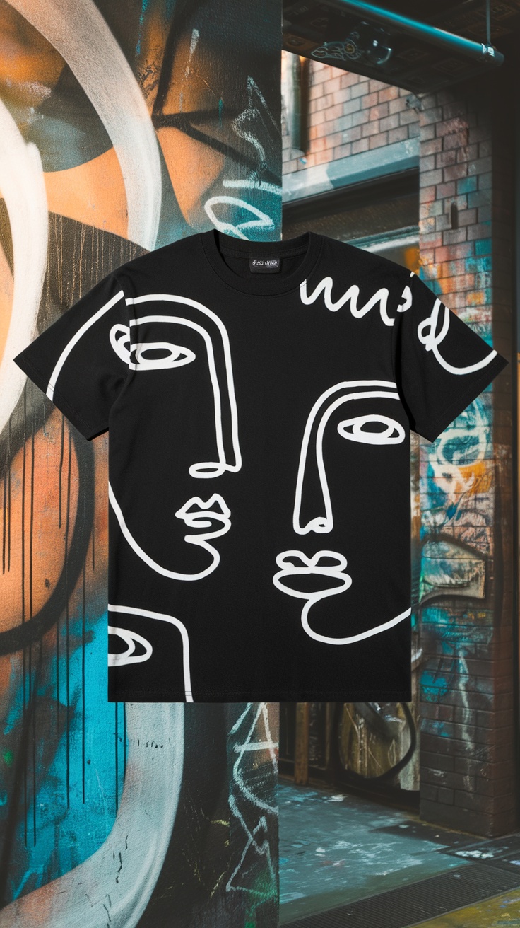 A black t-shirt with abstract white face designs, set against a graffiti background.